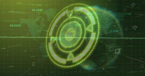 Rotating Neon Holographic Data Wheel Displaying Global Telemetry, Waveform and Signal Grid