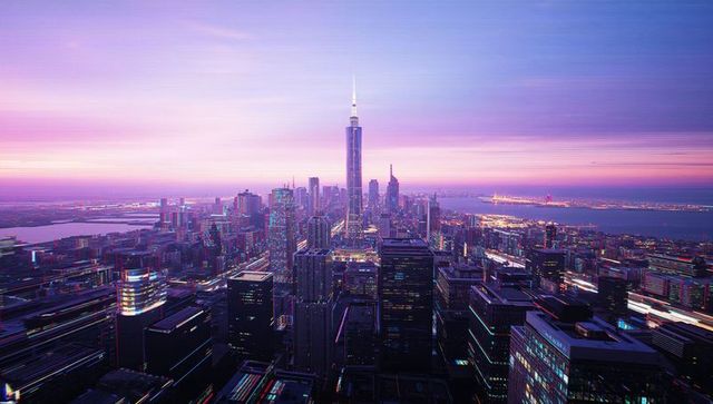 Illuminated Futuristic Cityscape at Dusk