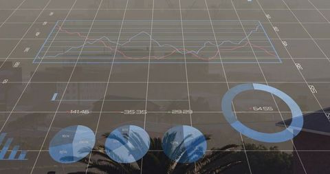 Holographic Data Overlaying Rooftop 3D Grid with Line, Pie and Donut Charts