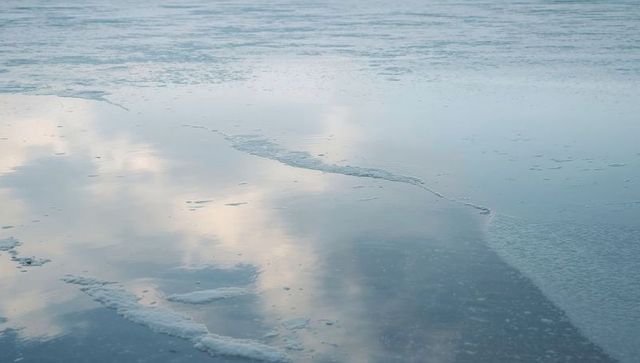 Glassy shallow sea ice reflecting pastel clouds with foam ridges on calm shoreline