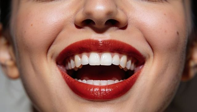 Smiling mouth showing white teeth and glossy deep-red lipstick, closeup beauty portrait