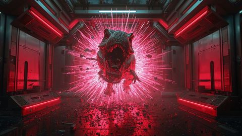 T-rex skeleton erupting through sci-fi portal in high-tech lab