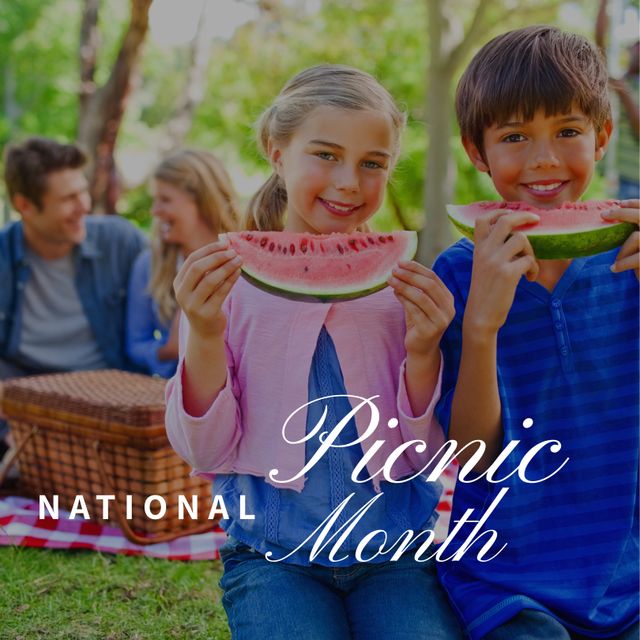 Caucasian Siblings Eating Watermelon During Family Picnic Outdoors - Download Free Stock Templates Pikwizard.com