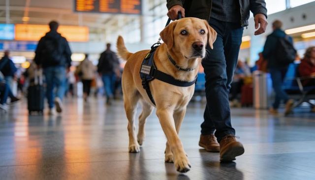 Yellow labrador service dog leading handler through busy airport terminal with harness