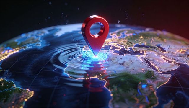 Red location pin creating electric blue ripples over nighttime globe centered on africa