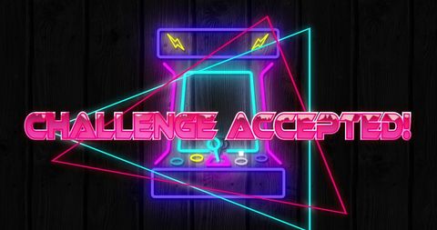 Retro neon arcade challenge accepted text