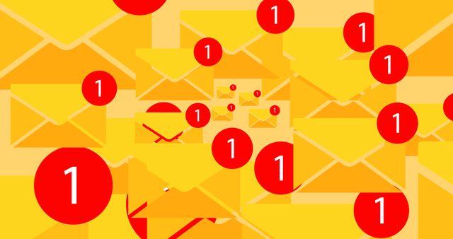 Full frame illustration of yellow envelops representing unread emails with number 1. Communication, vector, e-mail, message, letter, clipart, business.