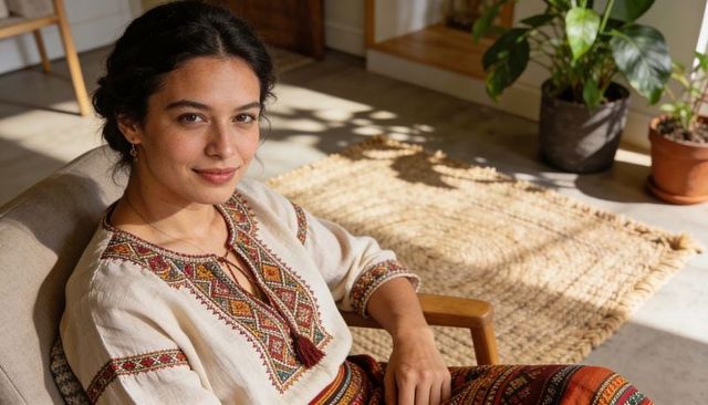 Sunlit bohemian woman in embroidered blouse and patterned skirt on wooden armchair