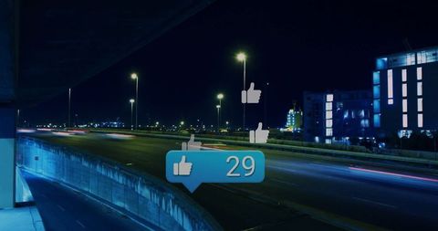 Digital influence concept with social media likes on night highway