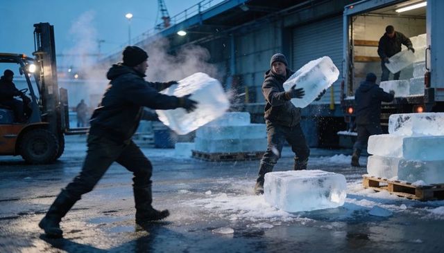 Dock workers passing large ice blocks during cold morning loading operation