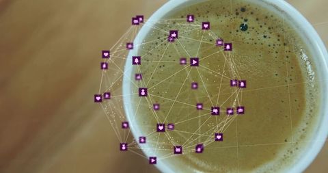 Top-down coffee cup with floating social network icons overlay conveying digital connectivity