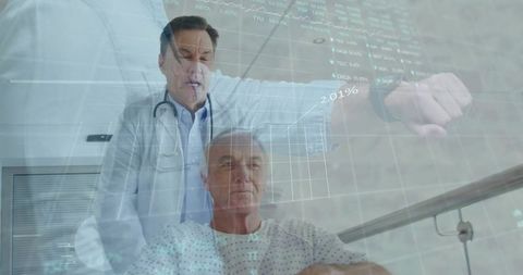 Doctor checking watch while pushing elderly patient in wheelchair with digital health data overlay