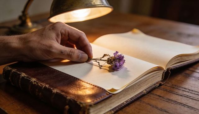 Hand placing dried purple flower on open leather-bound book under warm brass lamp light