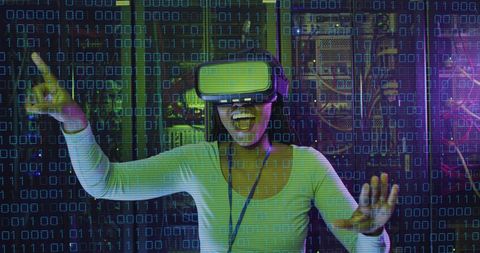 African american female engages with vr in futuristic data center
