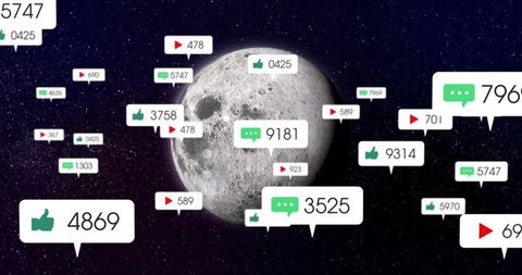 Cratered Moon Floating with Digital Social Media Notifications