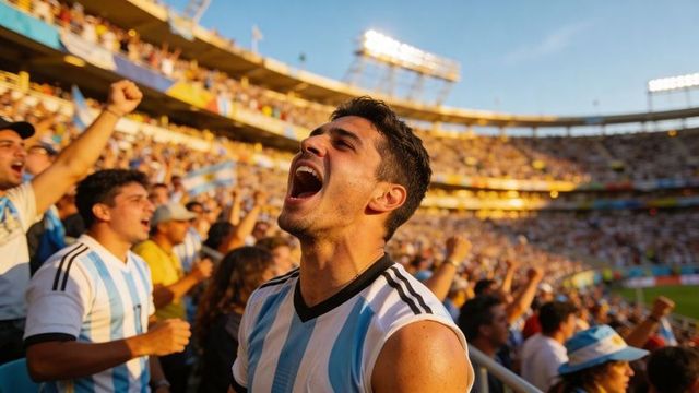 Argentinian fan shouting and cheering in stadium crowd during golden hour celebration