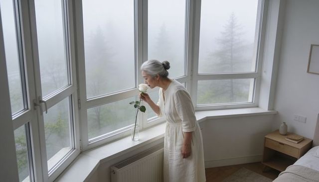 Senior woman smelling white rose by bay window in minimalist bedroom, serene morning