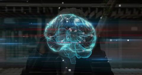 Holographic brain network visualizing neural links and dataflow over business professional