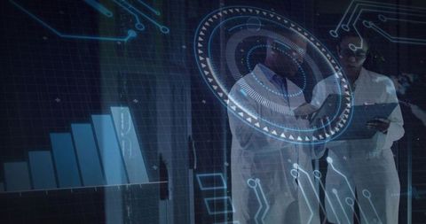 Scientists Analyzing Holographic Interface in Futuristic Laboratory Using Tablet