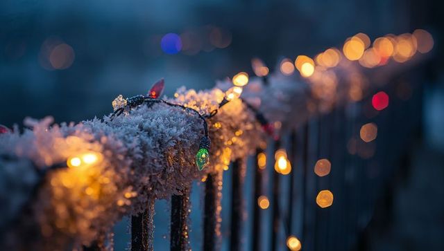 Glowing holiday lights winding along frosted railing at dusk with warm bokeh