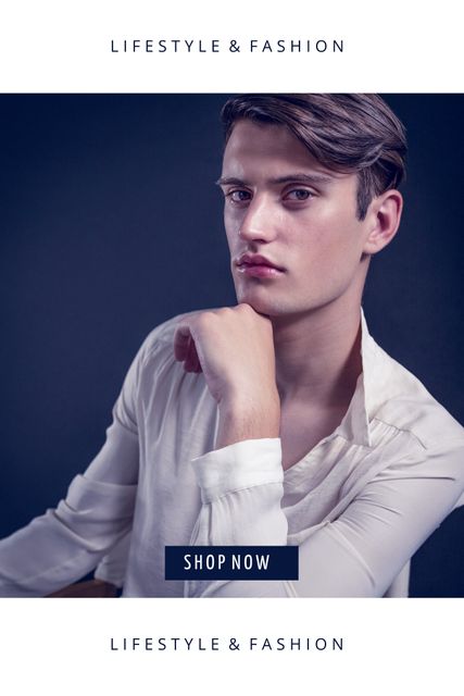 Young man in white shirt seated and gazing off thoughtfully, representing a high-fashion brand. This can be used in fashion brand promotions, lifestyle magazine features, and marketing campaigns focusing on style and sophistication.