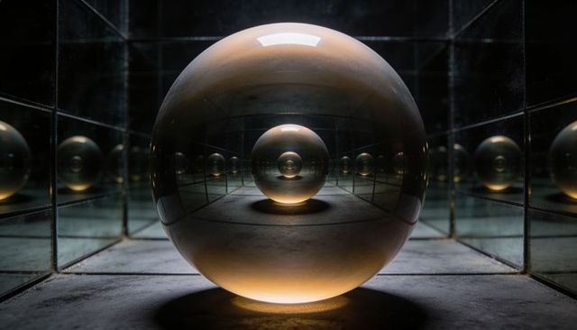 Glowing glass sphere reflecting infinite mirrors and casting warm underglow