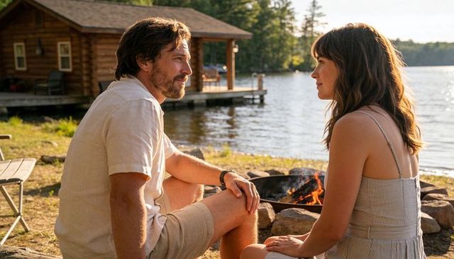 Couple sitting by lakeside campfire at sunset sharing quiet conversation and romance