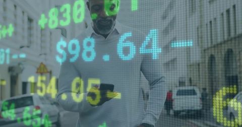 Business professional analyzing stock market on urban street