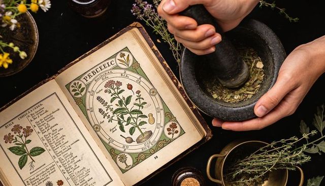 Vintage botanical almanac with hands grinding dried herbs in mortar overhead flatlay