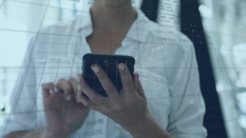 Business Professional Using Smartphone with Financial Data Overlay