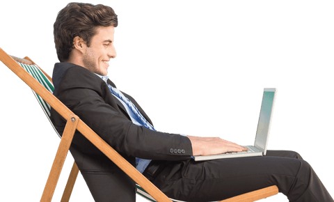 Transparent businessman relaxing on deck chair using laptop