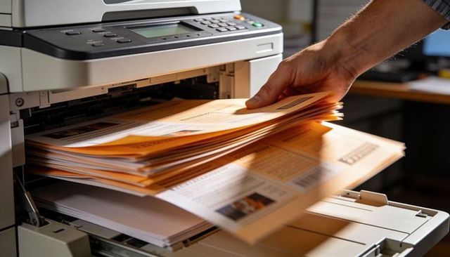 Hand pulling orange flyers from office copier during bulk printing and mailer prep