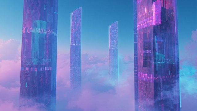 Futuristic Neon Skyscrapers Rising Above Clouds