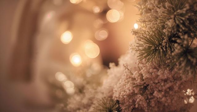 Snow-flocked evergreen garland glowing with warm bokeh lights for cozy holiday ambience