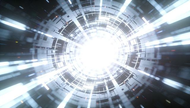Radiating luminous tech tunnel pulling metallic rings into futuristic digital vortex