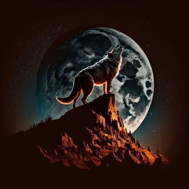 This stock photo captures a majestic wolf standing atop a rocky peak, howling at the full moon in the background. Ideal for use in nature-themed websites, wildlife articles, and inspirational posters. The contrast between the illuminated moon and the dark surroundings highlights the mystical and untamed aura of the wilderness.