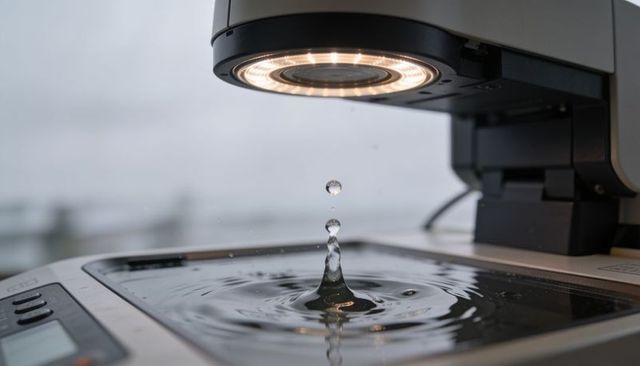 Hovering water droplet forming splash column on scanner glass under ring light