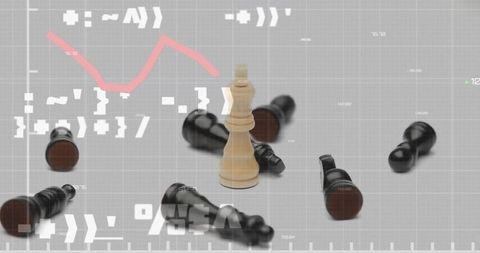 Wooden king standing among toppled black chess pieces with digital analytics overlay