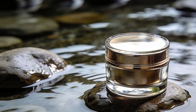 Resting luxury glass cosmetic jar on wet river stone with reflective metal lid and ripples