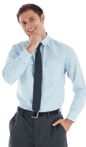 transparent smiling businessman in light blue shirt ponders - Download Free Stock Videos Pikwizard.com