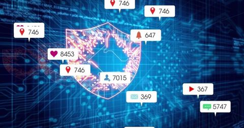 Protecting digital network with glowing circuitry shield and social notification alerts