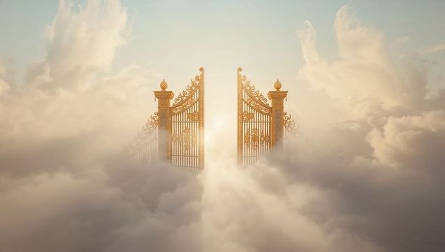 Ornate Golden Gates Opening Above Cloud Sea with Sunbeam, Scrollwork Pillars and Ethereal Glow