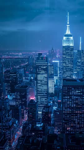 Vertical video gliding over neon skyline with raindrops sliding across lens at night