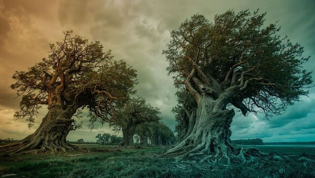 Moody Ancient Trees Reaching Skyward Amidst Ominous Skies