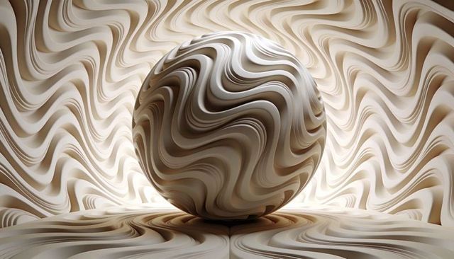 Marbled swirl sphere sculpture on layered wavy surface minimalist 3d background cream beige