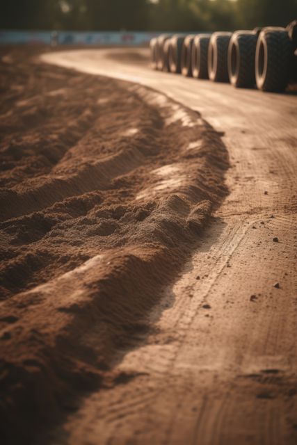 Dirt track in countryside with row of tyres, created using generative ai technology. Dirt track, racing and driving concept digitally generated image.