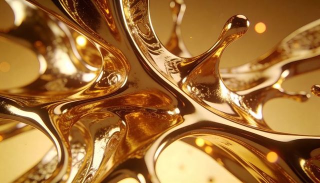 Flowing golden liquid-metal splash with reflective tendrils and bokeh highlights
