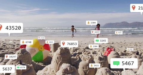 Children Playing on Sandy Beach Surrounded by Social Media Icons