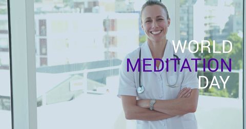 Female Doctor Smiling in Medical Uniform on World Meditation Day