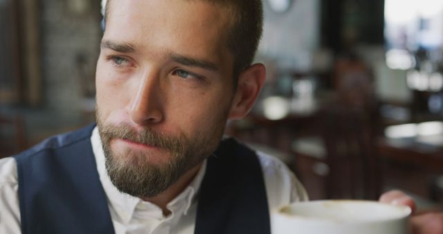 Contemplative Man Having Coffee in Quiet Café - Download Free Stock Images Pikwizard.com